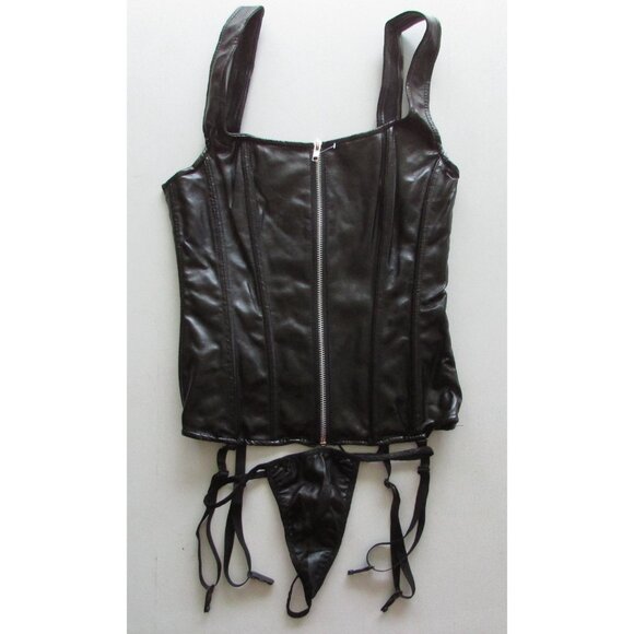 Shiny Black Faux Leather Zip Front Halter Corset Bustier Set - NEW - Picture 1 of 8
